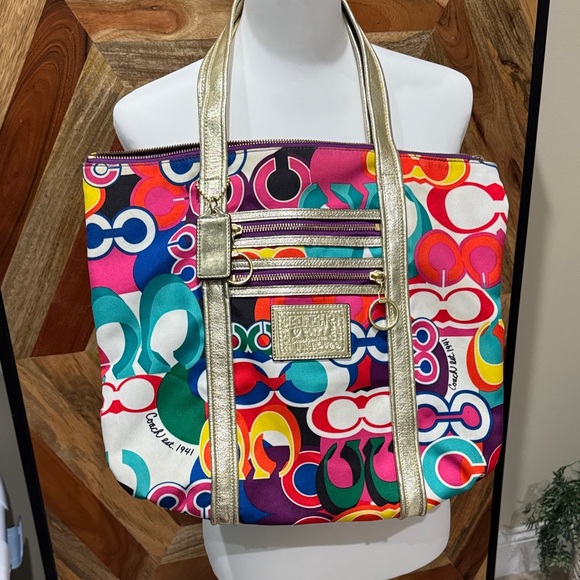 Coach Handbags - Coach Certified Authentic Multicolor Signature Tote with Gold Leather Straps